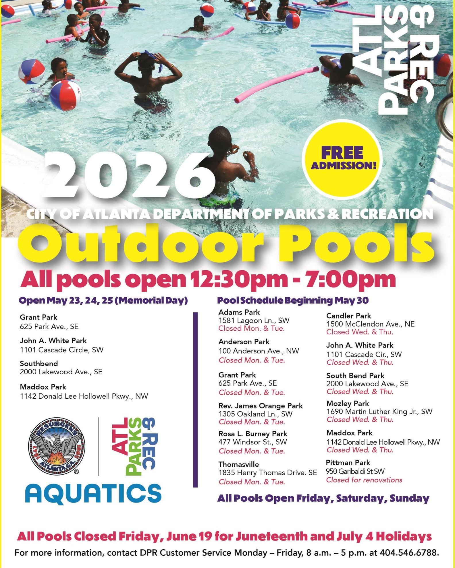 2026 City of Atlanta Department of Parks & Recreation Outdoor Pools