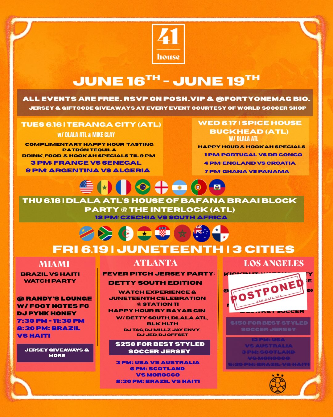 41 House: June 16th – June 19th Multi-City Soccer Watch Party Series