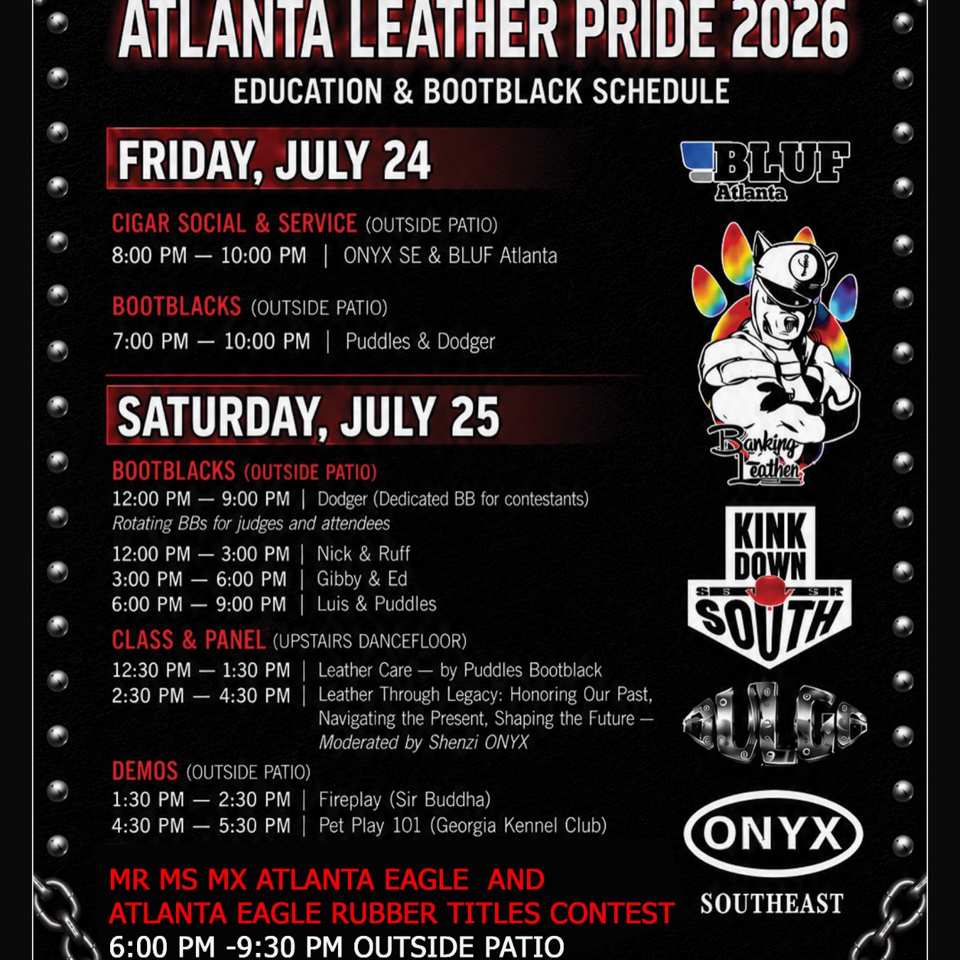 Atlanta Leather Pride 2026 – Education & Bootblack Schedule